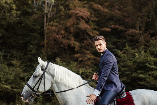 Handsome well dressed man riding horse