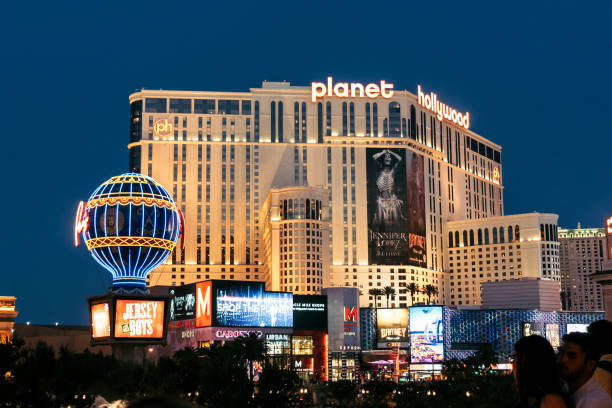 Las Vegas, Nevada, USA - June 5, 2016: Street view of buildings in The Strip, Las Vegas at night time.