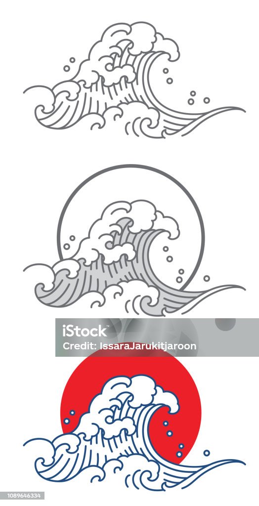 Big wave vector. Big wave ocean vector icon. Thai. Japan. Outline & fill color with red and blue. Wave - Water stock vector