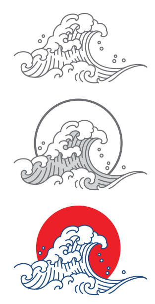 Big wave vector. Big wave ocean vector icon. Thai. Japan. Outline & fill color with red and blue. drinking illustrations stock illustrations