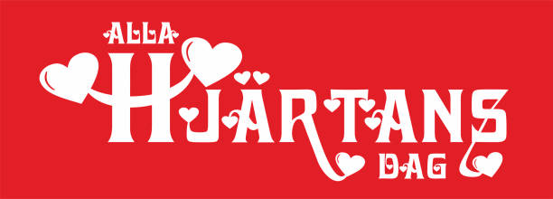 Vektor illustration with text and hearts. The text Alla hjärtans dag, The Swedish text means All Hearts Day in Swedish, Its the same day as Valentines Day. Red and white. Red background with white text with hearts. Suitable for advertisment. dag stock illustrations