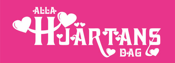 Vektor illustration with text and hearts. The text Alla hjärtans dag, The Swedish text means All Hearts Day in Swedish, Its the same day as Valentines Day. Pink and white. Pink background with white text with hearts. Suitable for advertisment. dag stock illustrations