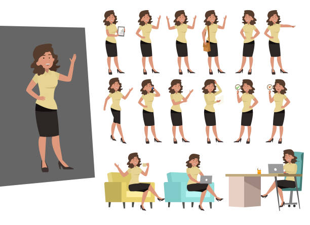 corporate business büro-charakter - sales clerk presentation showing women stock-grafiken, -clipart, -cartoons und -symbole