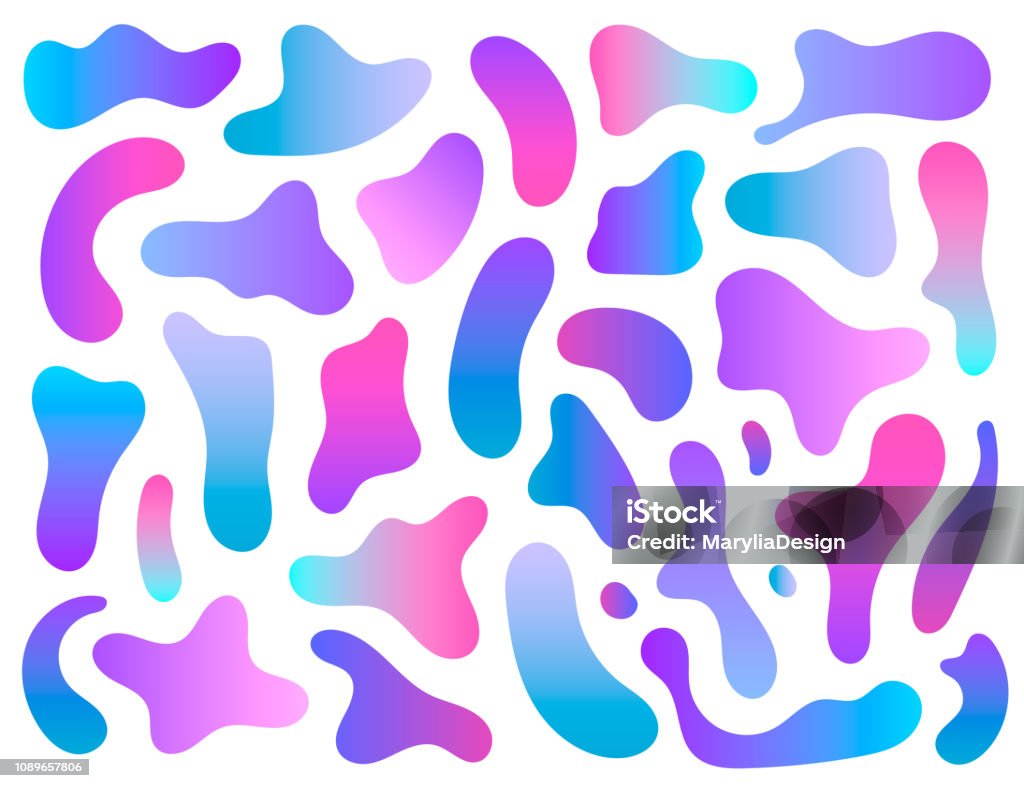 Vector set of isolated elements in holographic chameleon color palette. Modern abstract fluid paint design. Trendy art background. Gradient liquid futuristic shapes Liquid stock vector