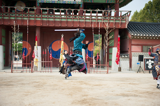 Suwon city, South Korea - Oct 16, 2018 : korea traditional Martial arts performances at HWASUNG, suwon city, South korea.