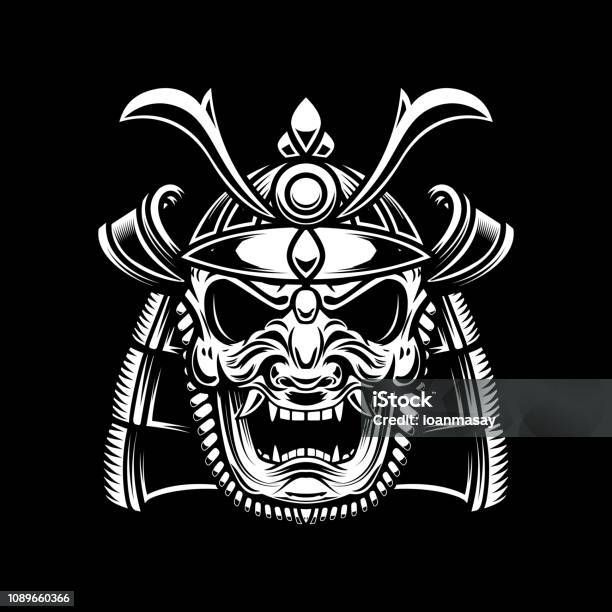 Illustration Of Samurai Helmet In Tattoo Style Isolated On Dark Background Design Element For Emblem Sign Poster Card Stock Illustration - Download Image Now