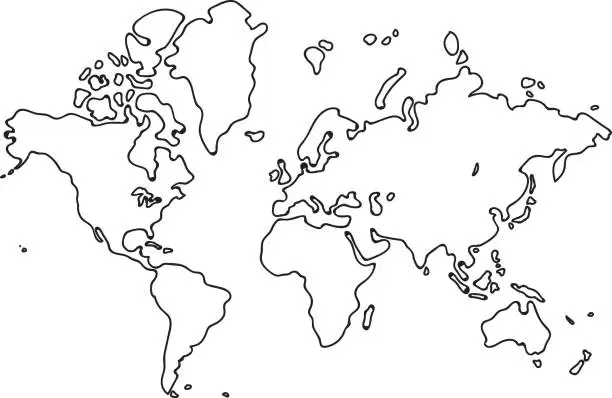 Vector illustration of Freehand world map sketch on white background.