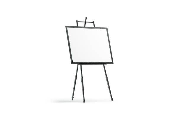 istock Blank white art canvas stand on black wooden easel mockup, 1089673396