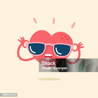 istock Cute cartoon character of heart smiling happily with sunglasses, vector illustration. 1089673494
