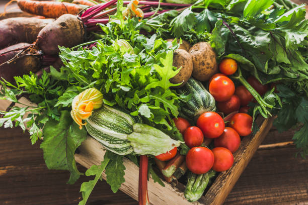 assortment of fresh organic vegetables and garden produce on farmer market, healthy diet with vegetarian ingredients - beet vegetable box crate imagens e fotografias de stock