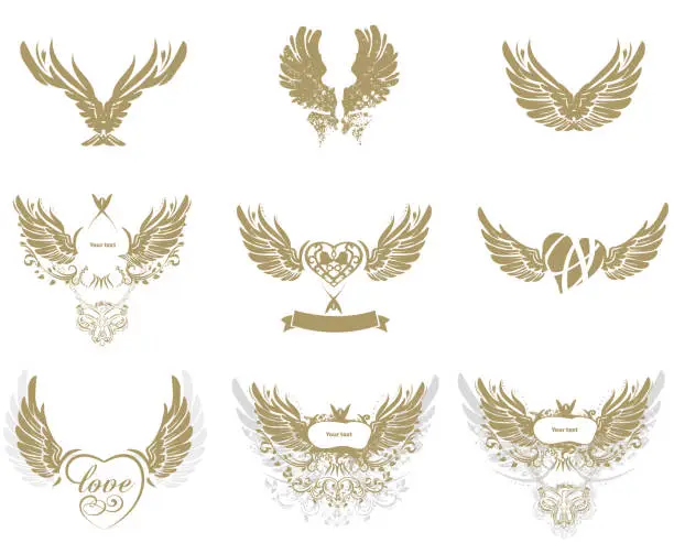 Vector illustration of Collection of grunge tattoo wings