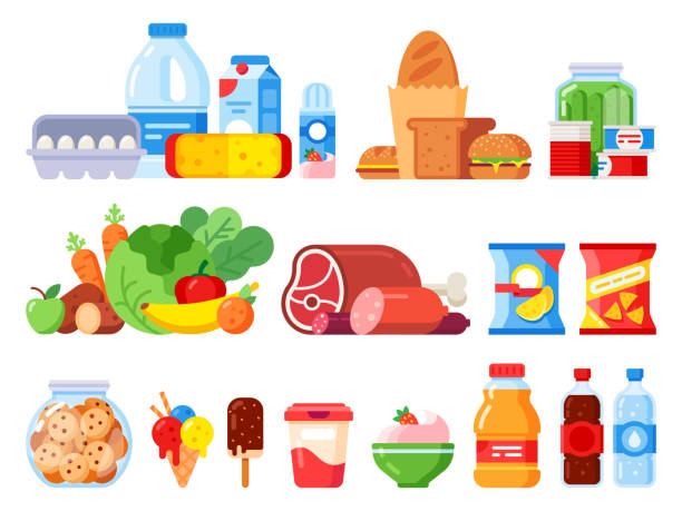 Food products. Packed cooking product, supermarket goods and canned food. Cookie jar, whipped cream and eggs pack flat vector icons Food products. Packed cooking product, supermarket goods and canned food. Cookie jar, whipped cream and eggs pack. Supermarkets shopping, various vegetables flat vector isolated icons set fruit icons stock illustrations