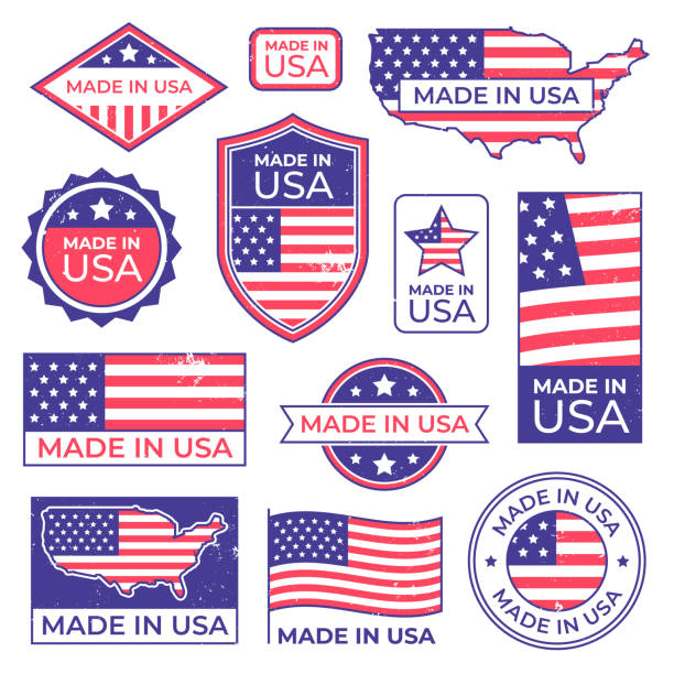 Made in usa logo. American proud patriot tag, manufacturing for usa label stamp and united states of america patriotic flag vector set Made in usa logo. American proud patriot tag, manufacturing for usa label stamp and united states of america patriotic flag. Us original american manufacturings badge vector isolated icons set usa made in the usa industry striped stock illustrations