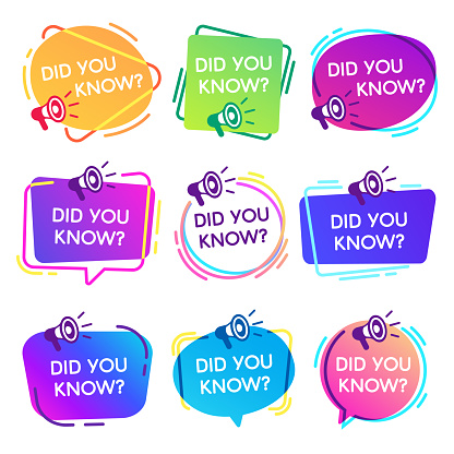 Did you know labels. Interesting facts speech bubbles, knowledge base label and social media faq banner. Knows fact news or thinking quiz isolated vector badges isolated icons set