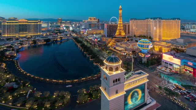 Time-lapse Aerial view of Las Vegas strip in Nevada USA Sunset night