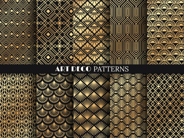 art-deco-muster. goldene minimalismus linien, vintage geometrische kunst und deco-linie verzierten musterdesigns vektor-satz - metallic look stock-grafiken, -clipart, -cartoons und -symbole