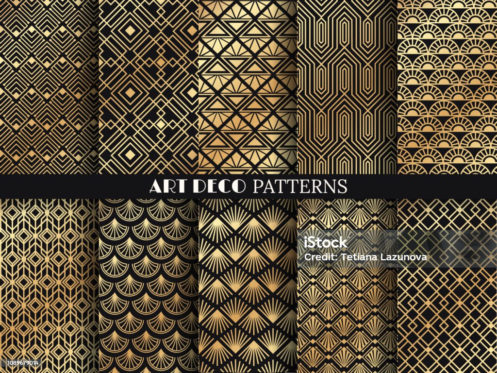 Motivo art déco. Linee minimalismiche dorate, arti geometriche vintage e linea deco ornate senza soluzione di continuità pattern vector set - arte vettoriale royalty-free di Art Déco