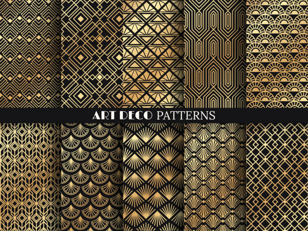 Art deco pattern. Golden minimalism lines, vintage geometric arts and deco line ornate seamless patterns vector set Art deco pattern. Golden minimalism lines, vintage geometric arts and deco line ornate. Geometrics gold minimal ornaments seamless gatsby elegant abstract luxury patterns vector set gold metal patterns stock illustrations