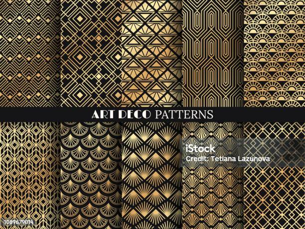 Art Deco Pattern Golden Minimalism Lines Vintage Geometric Arts And Deco Line Ornate Seamless Patterns Vector Set Stock Illustration - Download Image Now