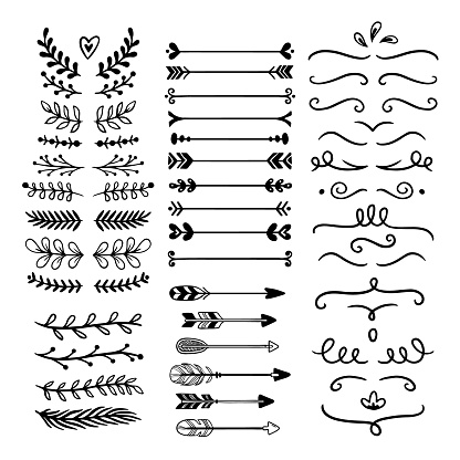 Flower ornament dividers. Hand drawn vines decoration, floral ornamental divider and sketch leaves ornaments. Ink flourish and arrow decorations dividers victorian doodles isolated vector icons set