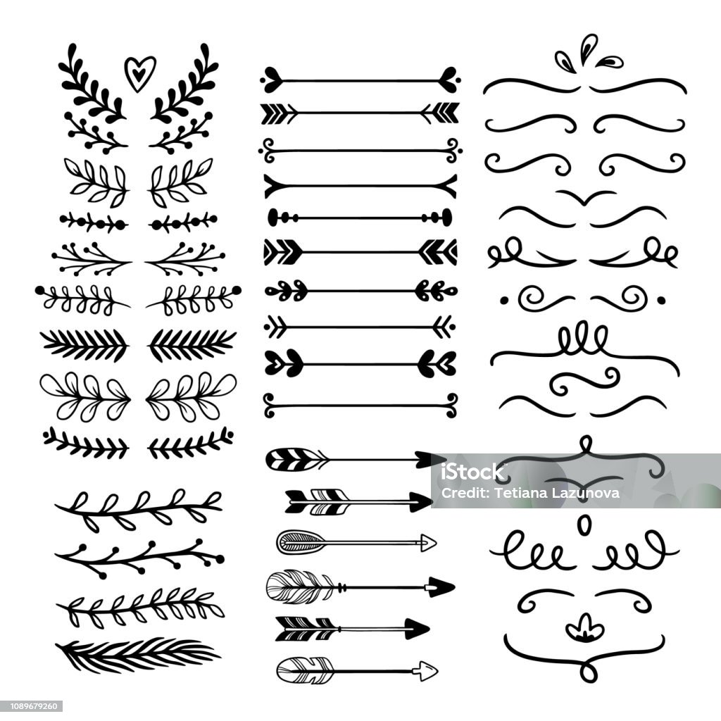 Flower ornament dividers. Hand drawn vines decoration, floral ornamental divider and sketch leaves ornaments isolated vector set Flower ornament dividers. Hand drawn vines decoration, floral ornamental divider and sketch leaves ornaments. Ink flourish and arrow decorations dividers victorian doodles isolated vector icons set Vector stock vector