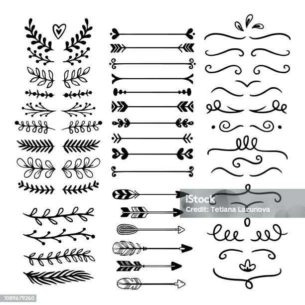 Flower Ornament Dividers Hand Drawn Vines Decoration Floral Ornamental Divider And Sketch Leaves Ornaments Isolated Vector Set Stock Illustration - Download Image Now