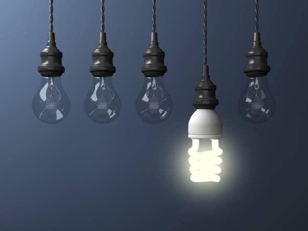 Hanging Light Bulbs - 3D Rendering Hanging Light Bulbs - Blue Background - 3D Rendering innovation individuality standing out from the crowd contrasts stock pictures, royalty-free photos & images