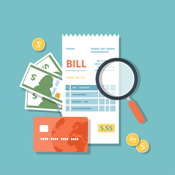 Bill icon with magnifying glass. Studying paying receipt Bill icon with magnifying glass. Studying paying receipt financial bill illustrations stock illustrations