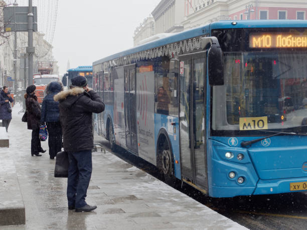 Moscow, Russia - December 27, 2018: a bus stop in Tverskaya street in a winter day