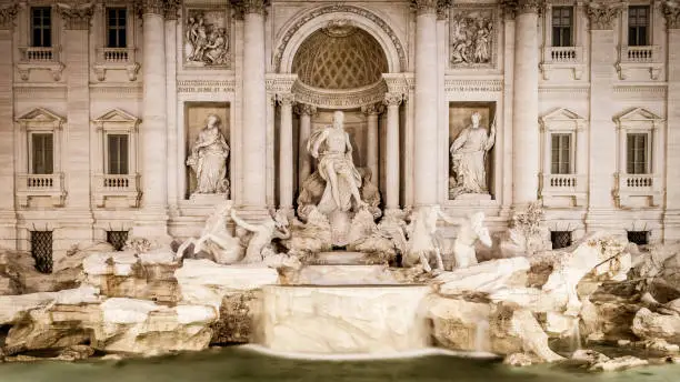 Rome, Italy. Trevi fountain at night, the masterpiece of Italian classical baroque architecture.