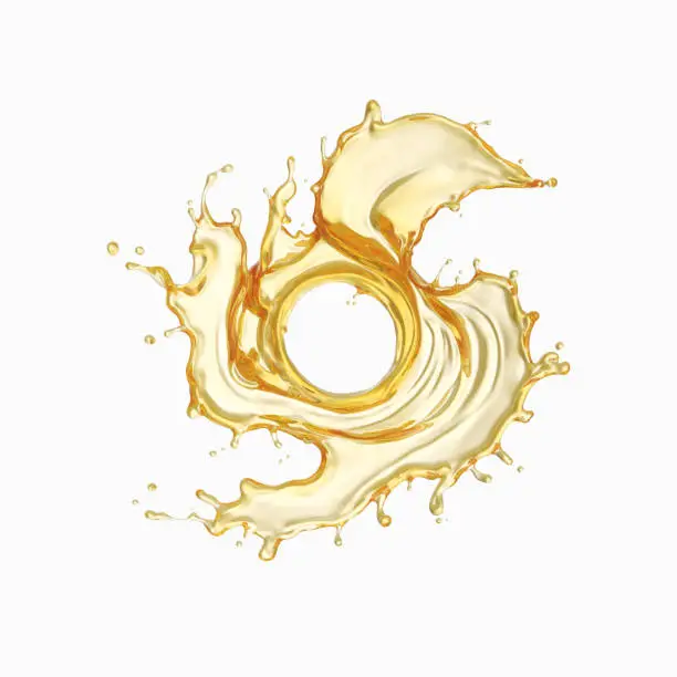 Olive or engine oil splash and spinning into a swirl shape, 3d illustration with clipping path.