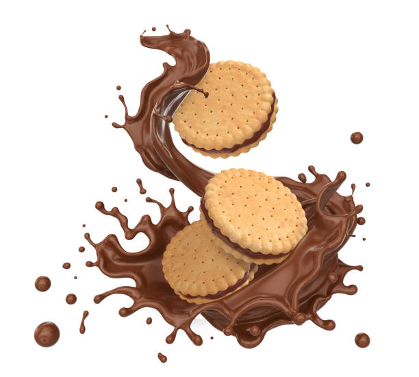 Sandwich cookies with chocolate splash.