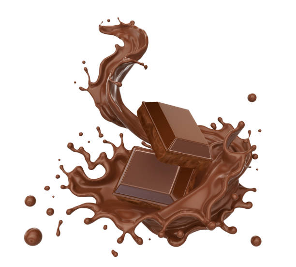 chocolate pieces flying with chocolate liquid. - chocolate chocolate candy dark chocolate pouring imagens e fotografias de stock