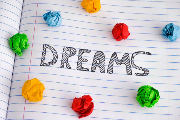 istock Dreams word on notebook sheet with some colorful crumpled paper balls on it 1089701146