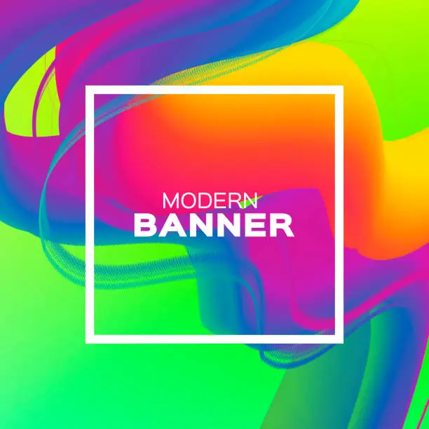 Vector illustration of Liquid Poster. Colorful Wave Smoke Shapes with Square frame. Space for text. Abstract Colorful Dynamic Effect on green . Modern Template Banner. Vector design