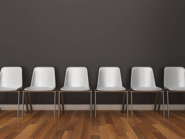istock Row of Chairs on Wood Floor - 3D Rendering 1089705760