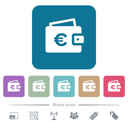 Euro wallet white flat icons on color rounded square backgrounds. 6 bonus icons included