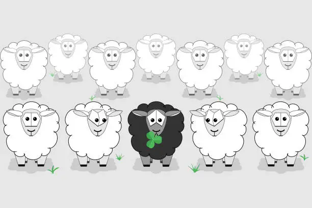 Vector illustration of Black sheep surrounded by white sheep