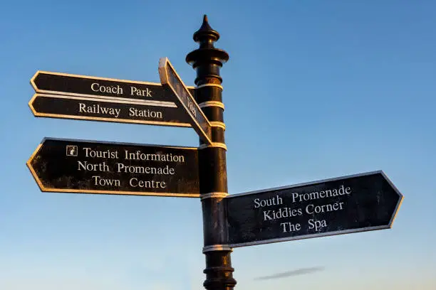 A black information signpost directing tourists to various areas of Bridlington on the East Coast of England.