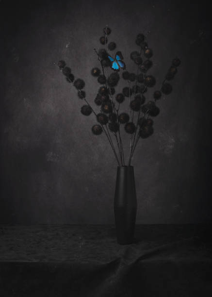 istock Classic black pom poms and blue butterfly studio photography 1089710818