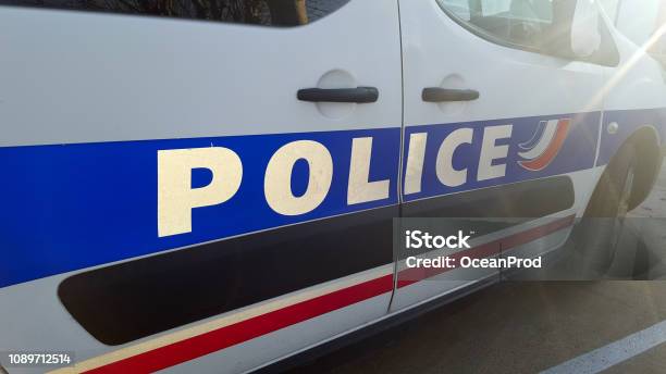 Detail Of French Police Car With Sun In Summer Day Stock Photo - Download Image Now - Police Force, France, Car