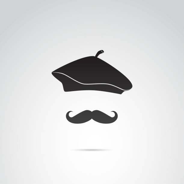 ilustraciones, imágenes clip art, dibujos animados e iconos de stock de hipster francesa, icono de vector de hombre de bigote. - beret