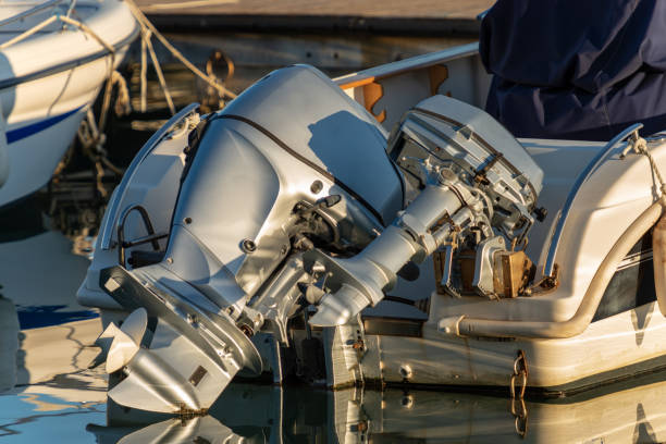 two outboard boat motors - engines and propellers - outboard motor imagens e fotografias de stock