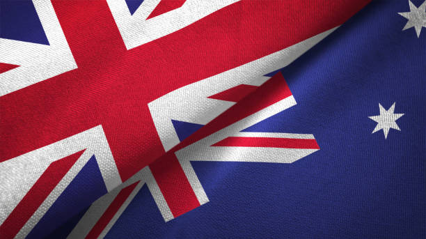 istock Australia and United Kingdom two flags together realations textile cloth fabric texture 1089726136