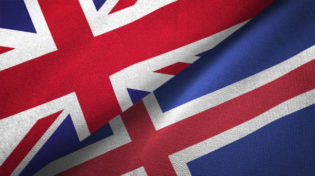 istock Iceland and United Kingdom two flags together realations textile cloth fabric texture 1089726452