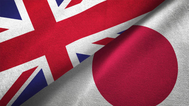 japón y reino unido dos banderas juntos relaciones textil tela textura de la tela - japanese flag fotos fotografías e imágenes de stock