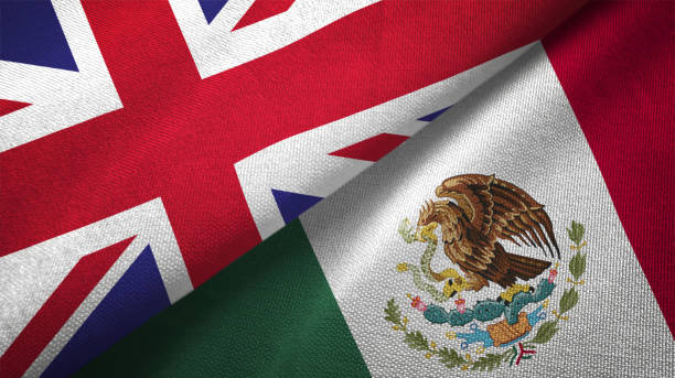 messico e regno unito due bandiere insieme realizzano tessuto tessuto texture - flag mexican flag mexico textured foto e immagini stock