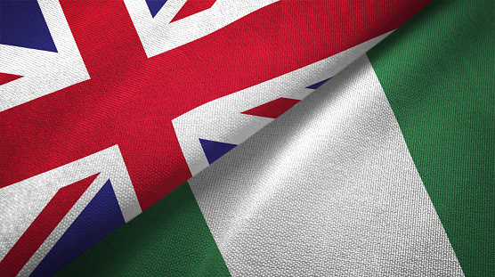 Nigeria and United Kingdom flag together realtions textile cloth fabric texture