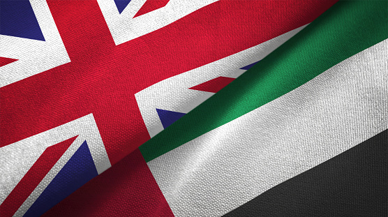United Arab Emirates and United Kingdom flag together realtions textile cloth fabric texture