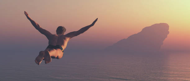 istock Athlete jumps into a lake. This is a 3d render illustration 1089729042